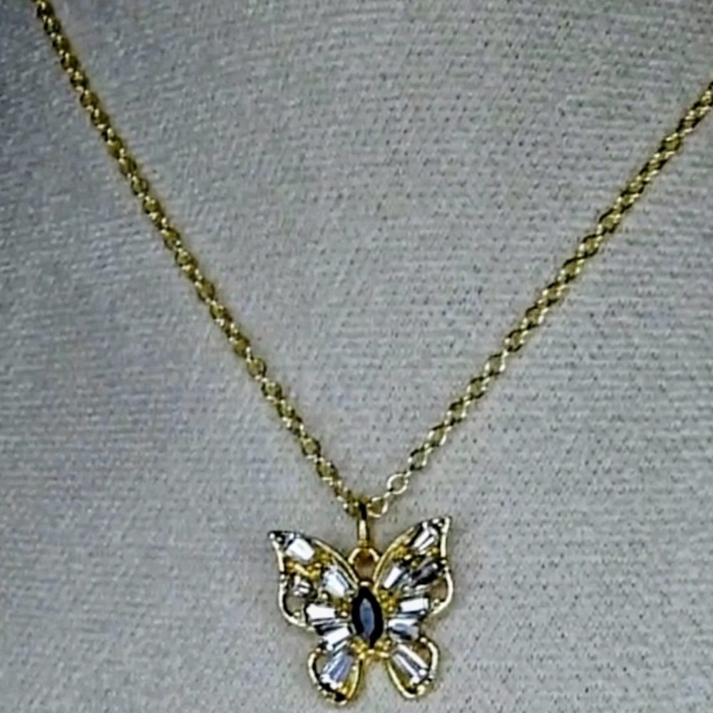Elegant Gold Tone Butterfly W/ Black Stone Pendant With Necklace 17' Chain, NIB